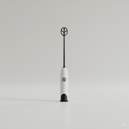 Ube Bae handheld milk frother close-up showing whisk head and logo