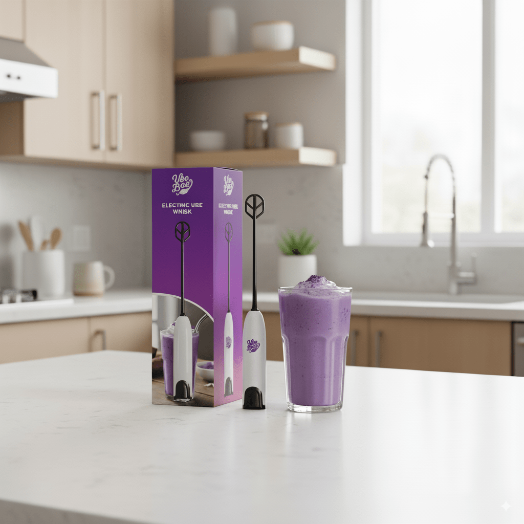 Ube Bae handheld electric milk frother next to packaging and a glass of purple ube latte