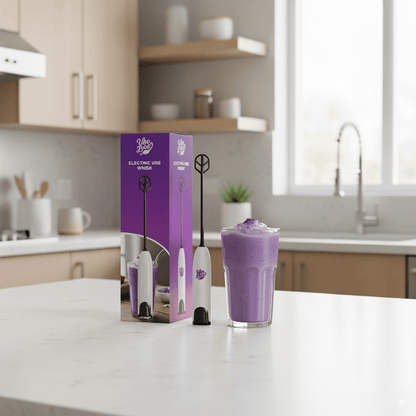 Ube Bae handheld electric milk frother next to packaging and a glass of purple ube latte