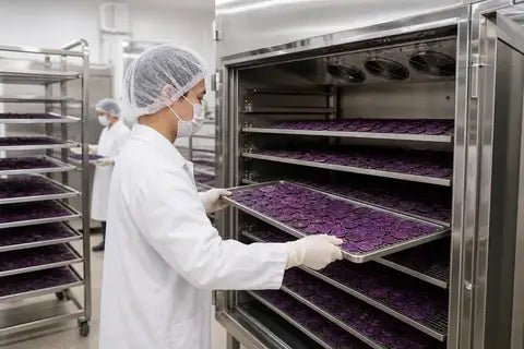 Purple yam slices drying in a clean controlled food-processing environment